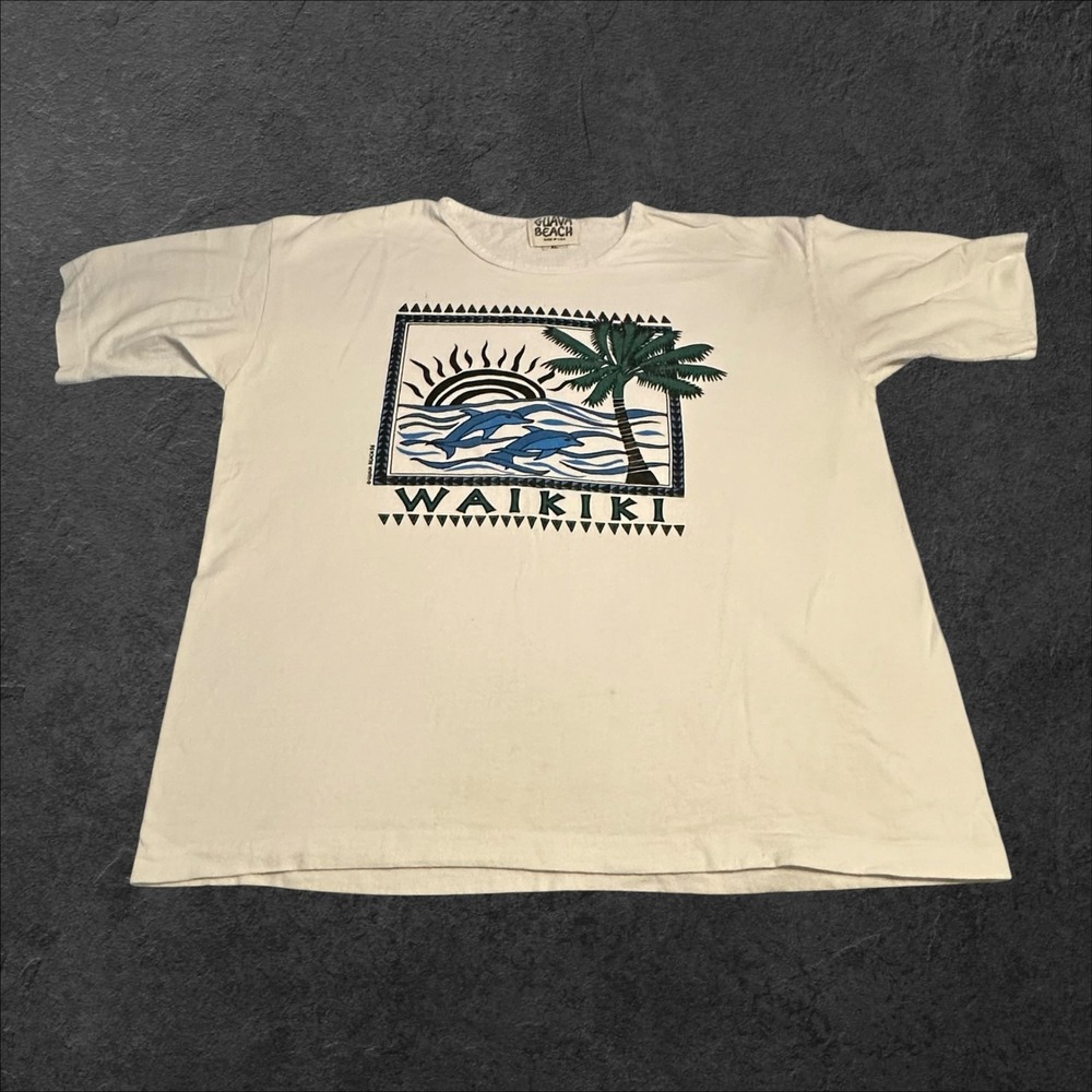Guava‎ Beach Waikiki Graphic T-Shirt Mens XL White 1996 Vintage USA Made